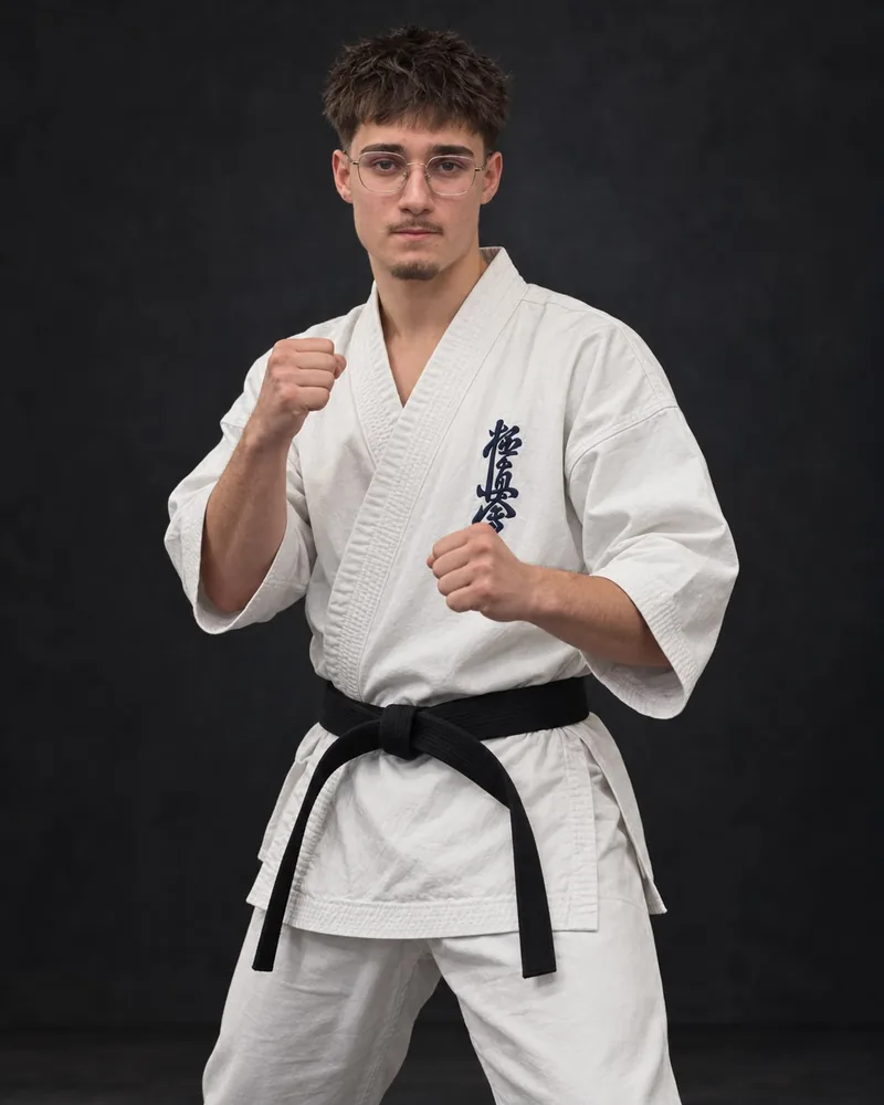 Claudio Erra en guàrdia, amb el karategi blanc de Kyokushin i el cinturó negre